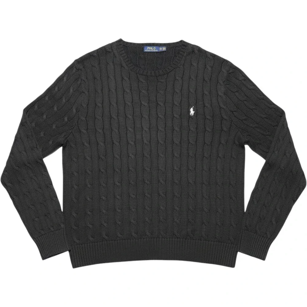 Polo Ralph Lauren Mens XXL Black Cable Knit Cotton Crewneck Sweater Pony Logo